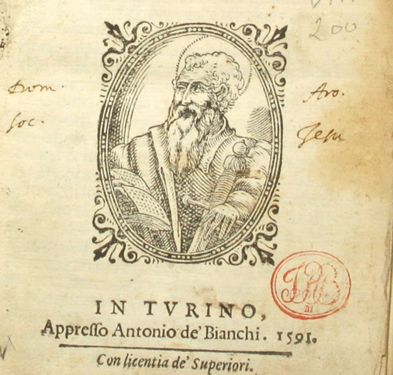 Anonimo, frontespizio inciso per l’Institutione et regole della Compagnia di San Paolo di Torino, A. de’ Bianchi, Torino 1591