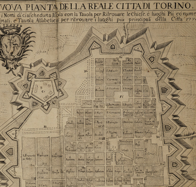 Anonimo, Nuova Pianta della Reale Città di Torino, incisione, 1775. In questa mappa del 1775 vengono segnalati i «luoghi pii» della città di Torino.